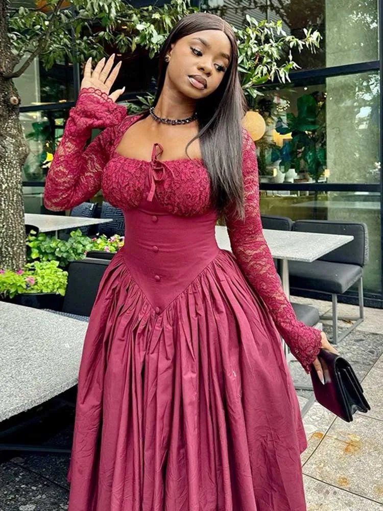 Women's vintage lace long sleeve dress with square collar by SHOWLU FASHION, featuring a classic French-inspired design.