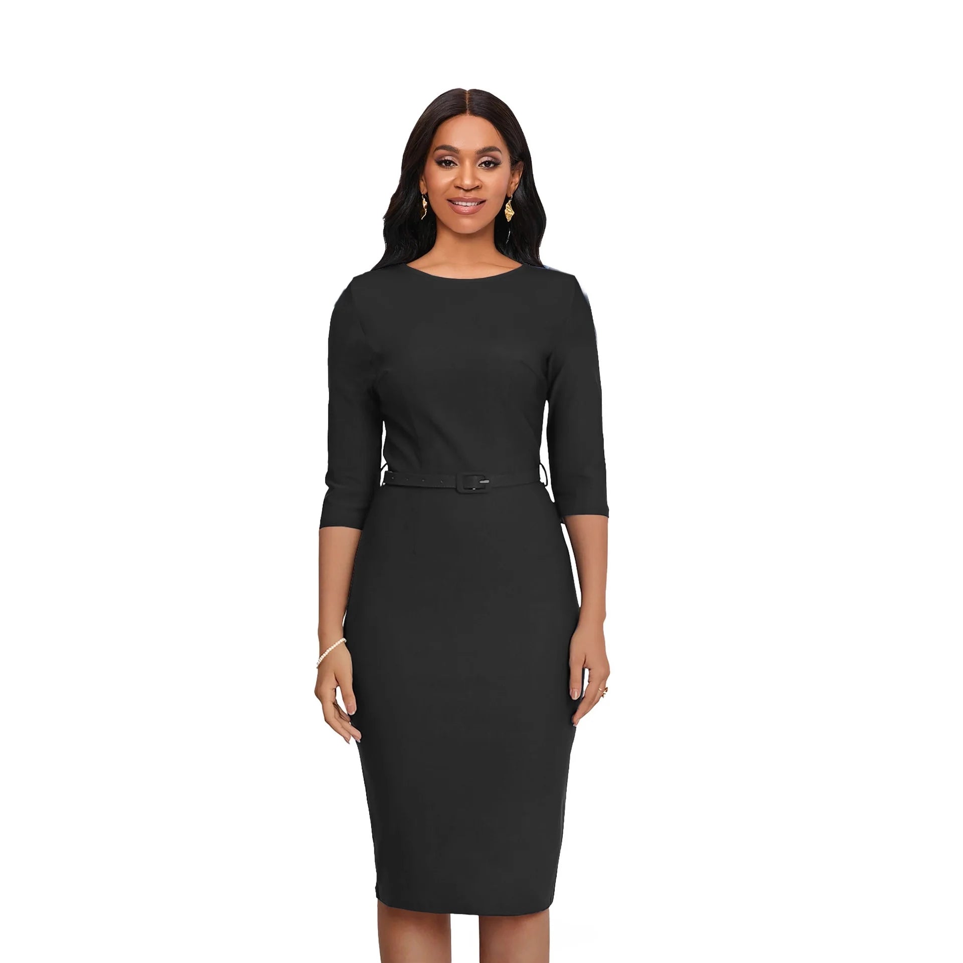 Showlu Women's knitted slim fit bodycon dress with mid-length design and O-neck, perfect for stylish evening or casual wear.