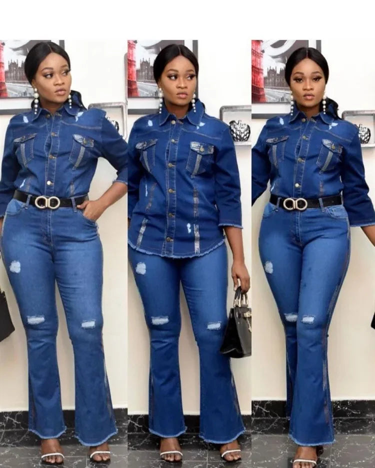 Two-piece women's cowboy outfit with jean jacket and flare pants, featuring a single-breasted design and turndown collar.