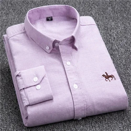 White men's casual cotton Oxford shirt with long sleeves, embroidery horse design, regular fit, button-up, fashion dress shirt.