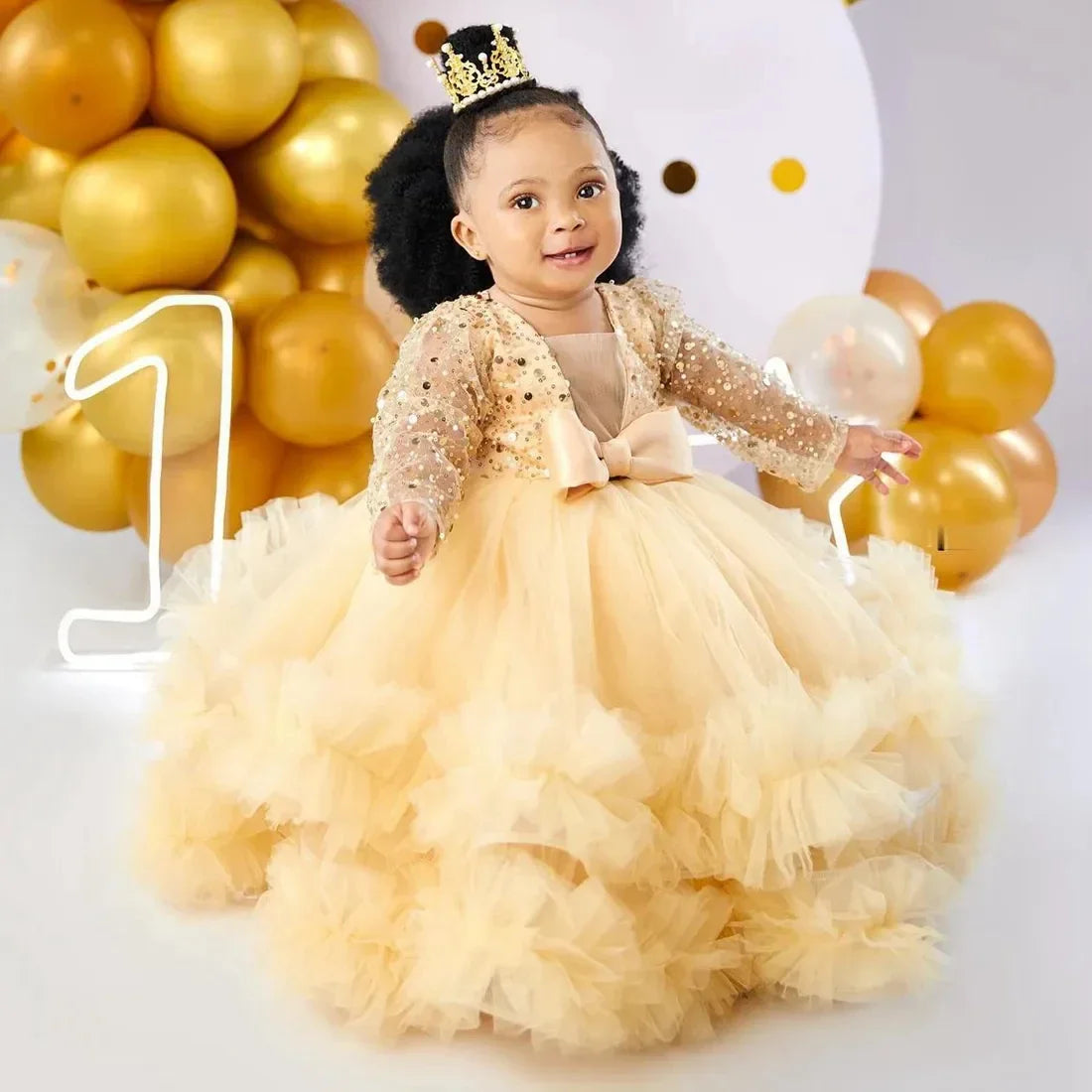 Baby girl flower girl dress with sequins, full sleeves, floor-length, perfect for weddings, photoshoots, and first communions by Showlu Fashion