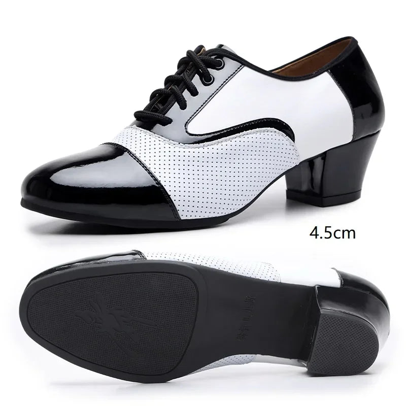 Men's modern dance shoes by Showlu Fashion with soft leather, breathable design, suitable for Latin, jazz, and social dance.