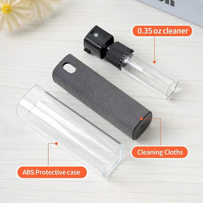 Showlu Fashion 2-in-1 microfiber screen cleaner spray bottle with cleaning cloth for iPhone, Samsung, and tablets.