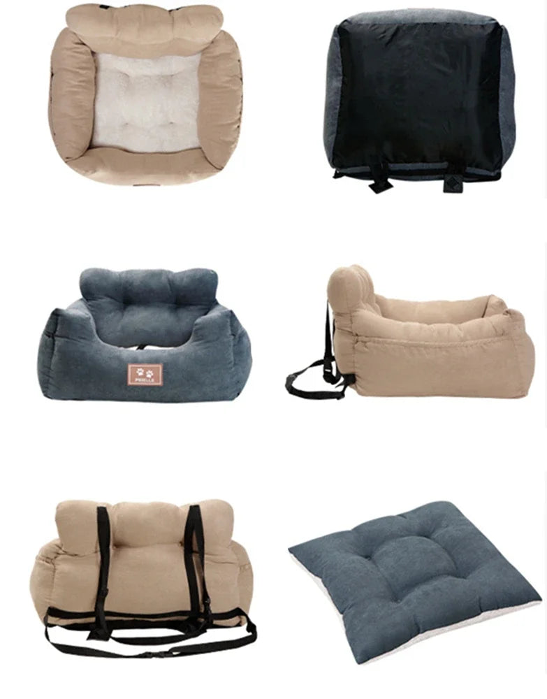 Showlu universal pet car seat carrier in nylon with safety belt, designed for secure dog transportation in vehicles.