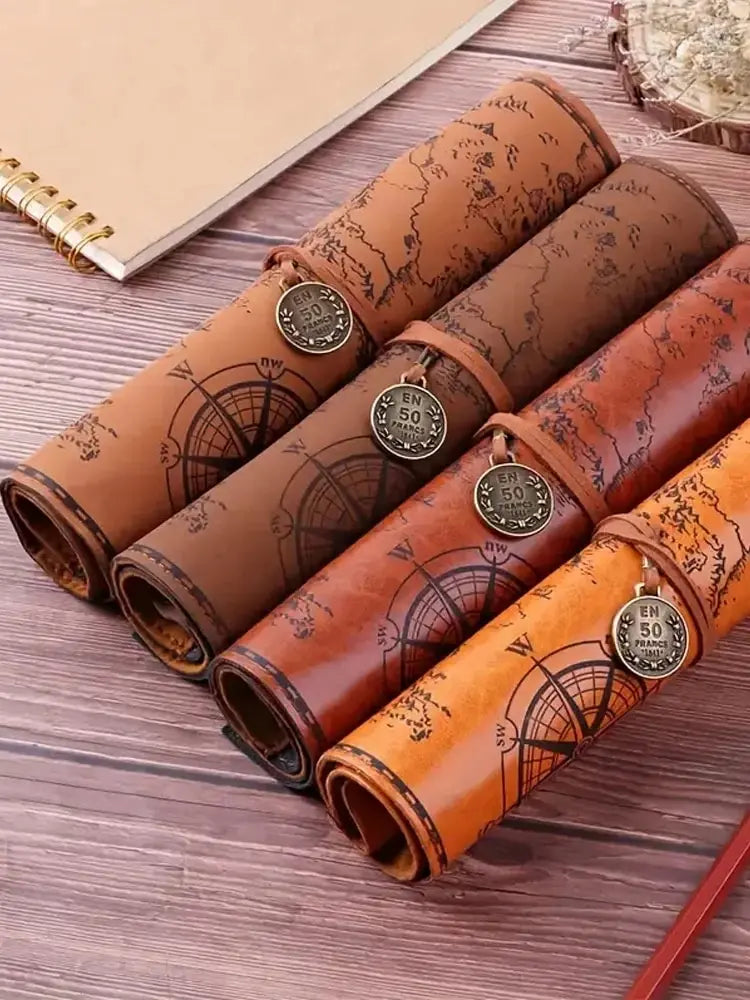 Large Showlu Retro Treasure Map Leather Roll Pencil Case with multiple compartments for stationery storage.