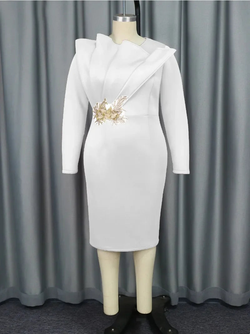SHOWLU Lace Applique Church Dress with long sleeves, bodycon fit, perfect for wedding guests, featuring elegant lace detailing.