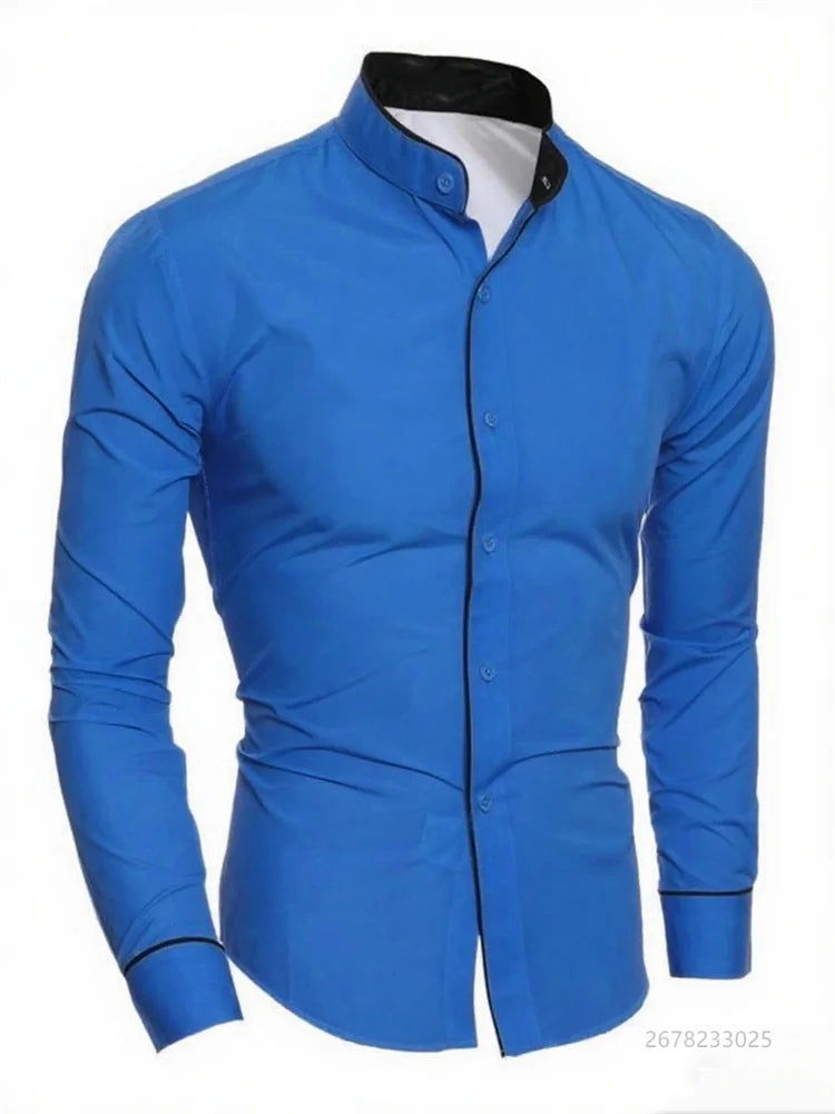 Men's slim fit white long sleeve social shirt from Showlu Fashion Store, high-quality soft fabric, available in sizes XS to 6XL.