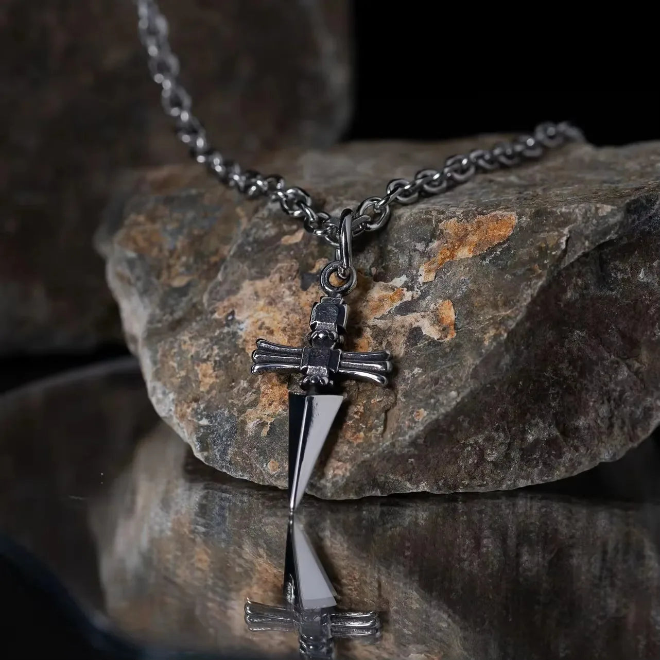 Stainless steel sword cross pendant necklace with twisted link chain, unisex hip hop punk jewelry for women and men