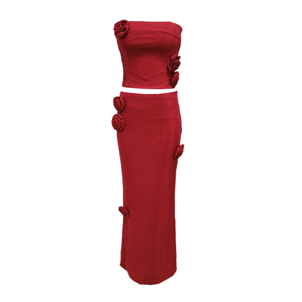 Red strapless corset top and matching maxi skirt two-piece set from Partiee Baleger, stylish and elegant for special occasions.