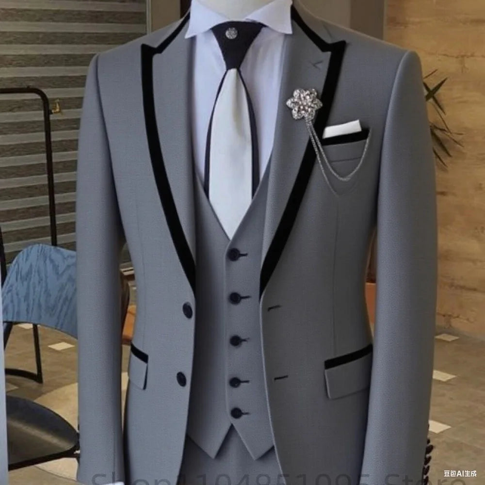 Men's solid slim fit 3-piece business suit set with blazer, vest, and pants, perfect for weddings and formal events.