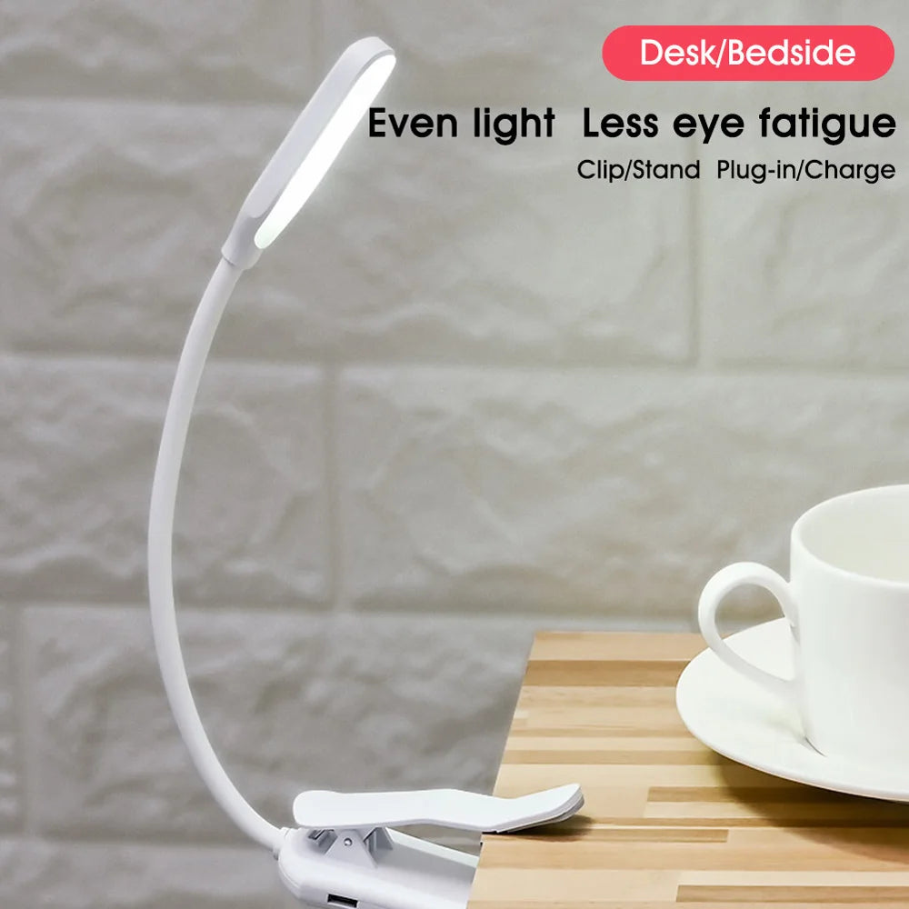 Showlu Smart General Claeted rechargeable clip reading light attached to a book, with adjustable LED illumination for easy reading.