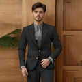 Beige men's fashion suit set with single-breasted blazer and slim-fit pants, ideal for groomsmen and prom events.
