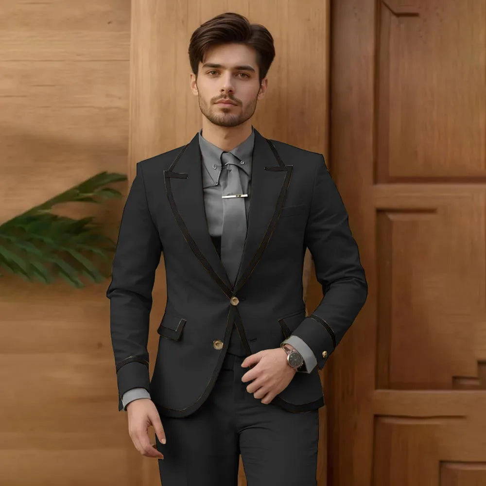 Beige men's fashion suit set with single-breasted blazer and slim-fit pants, ideal for groomsmen and prom events.