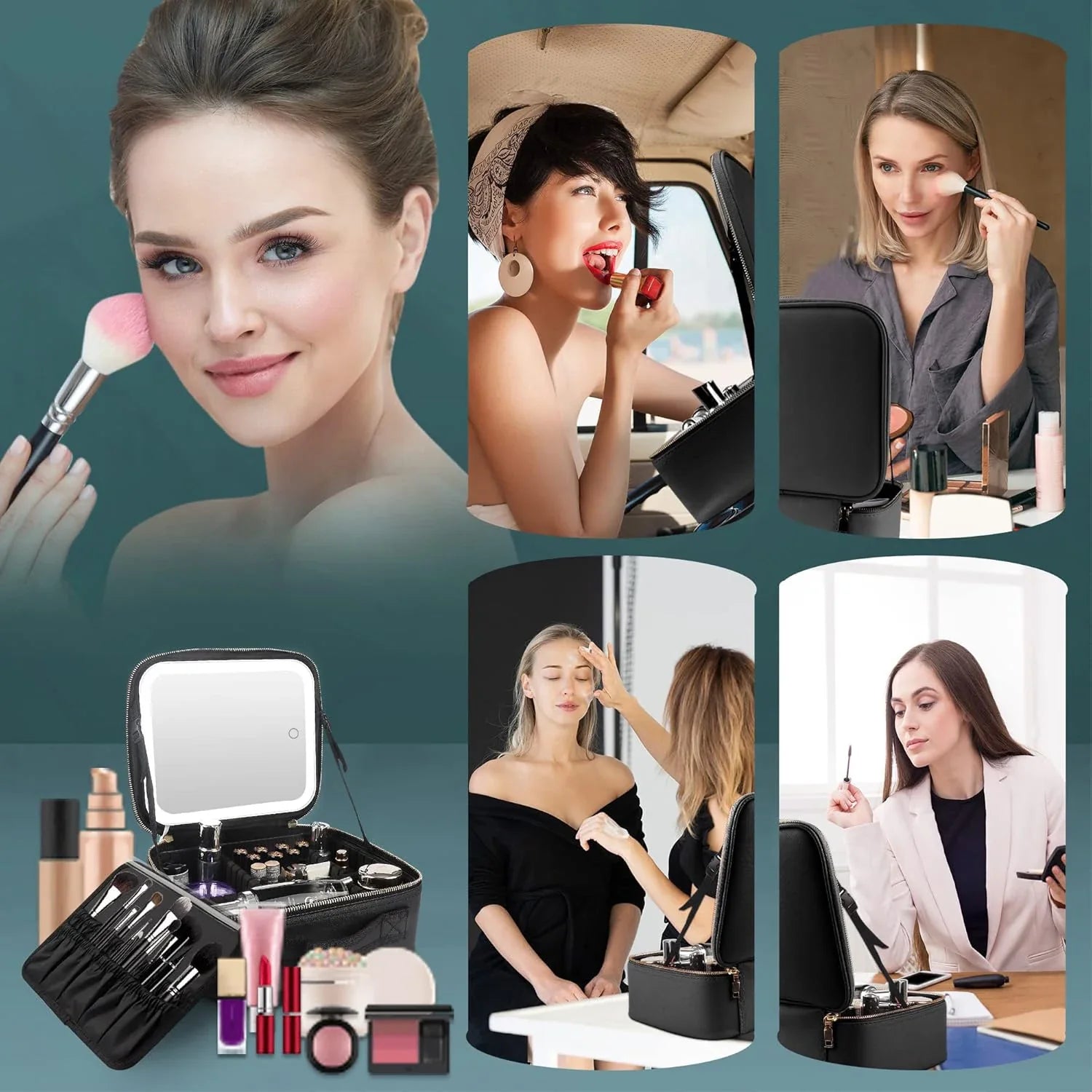 Showlu Fashion Makeup Organizer with mirror light, a travel cosmetic case for storing beauty products and accessories.
