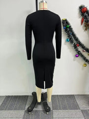 Chic Cut Out Midi Dress Long Sleeve Patchwork Knee-Length Bodycon Fit Button Accent Causal Asymmetrical Stylish Party for Women