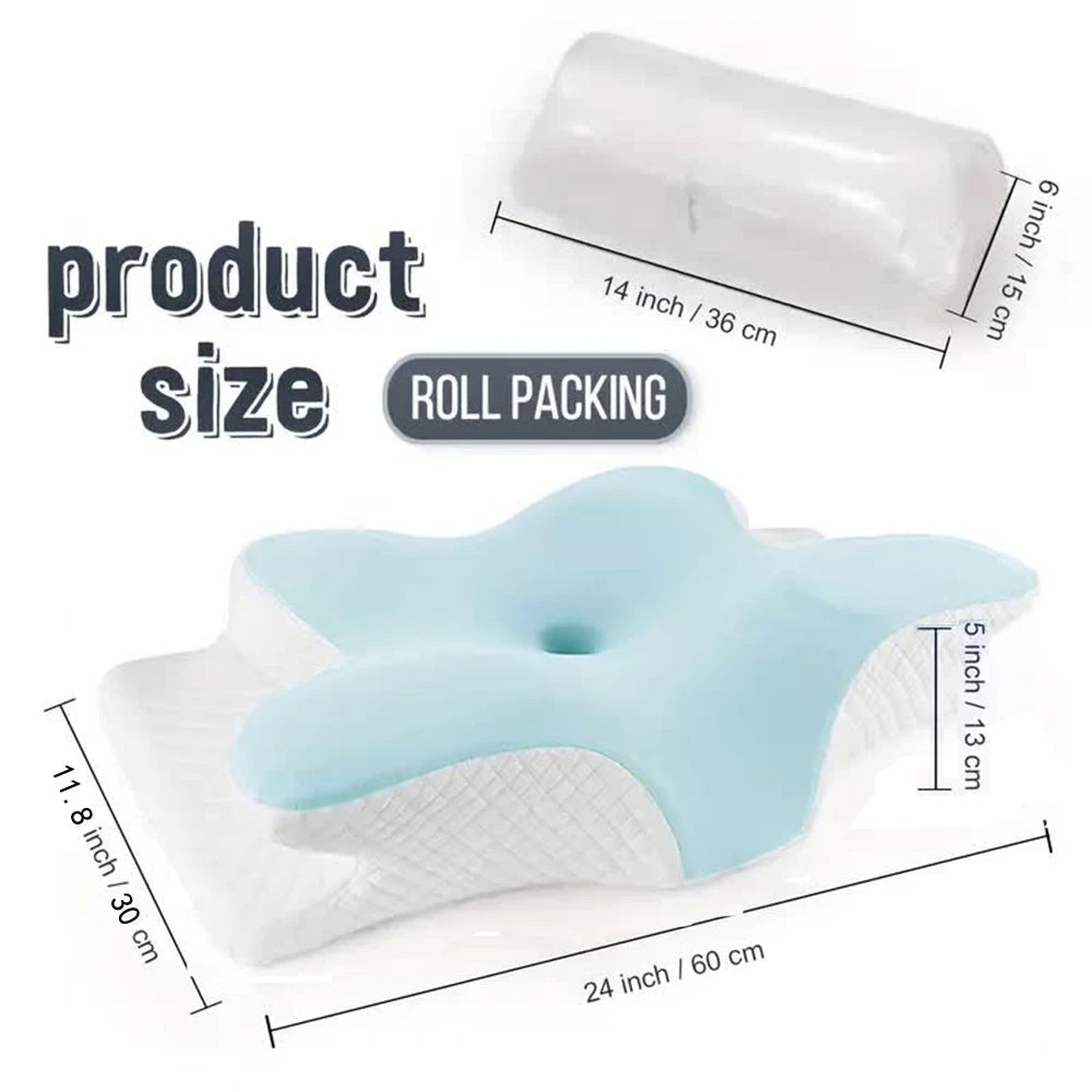 Showlu Memory Foam Butterfly Cervical Pillow designed for neck pain relief, with ergonomic shape and soft fabric cover.