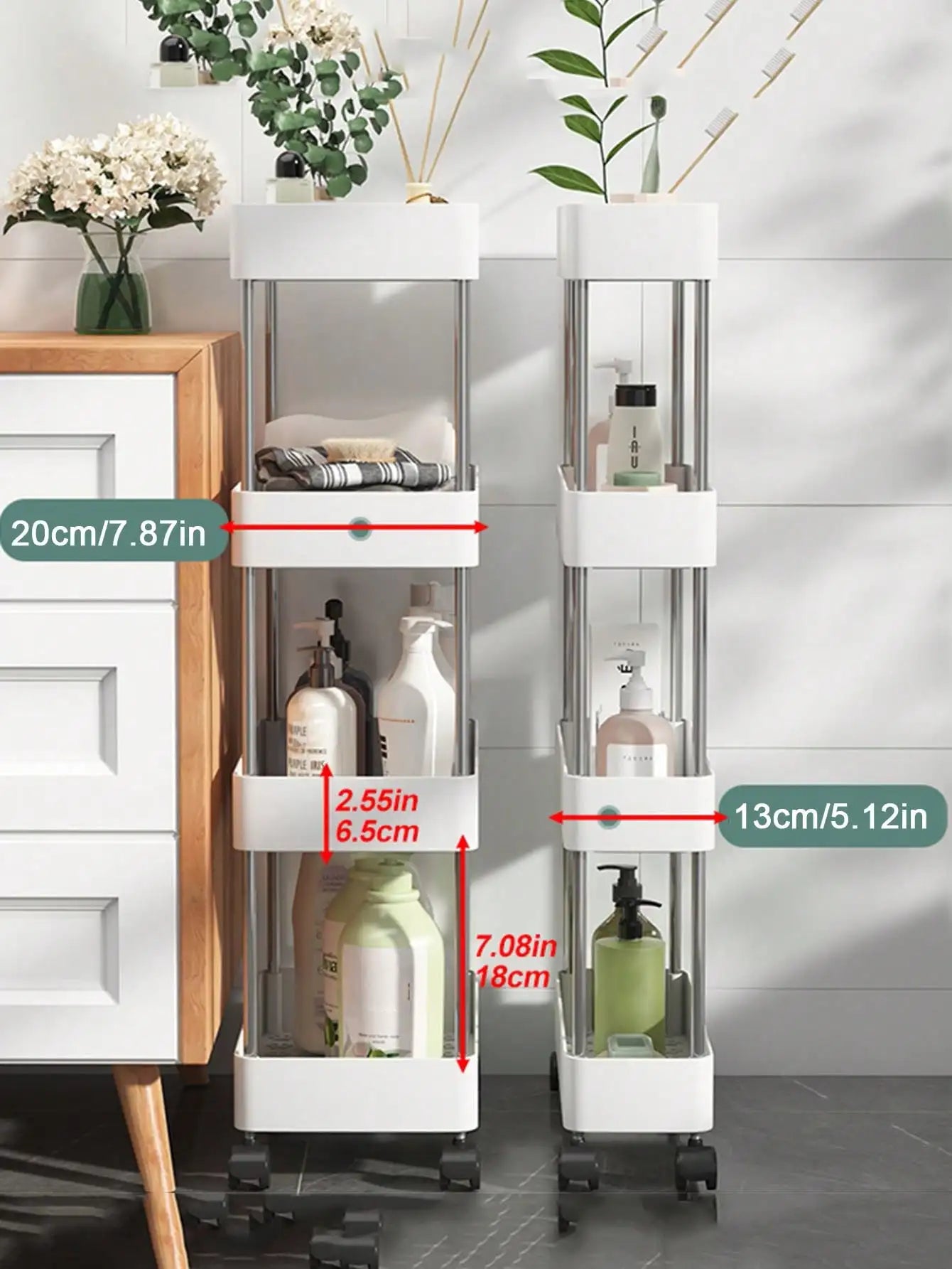 Showlu 3/4 tier rolling utility cart with slim plastic shelves, compact storage cart for versatile organization.