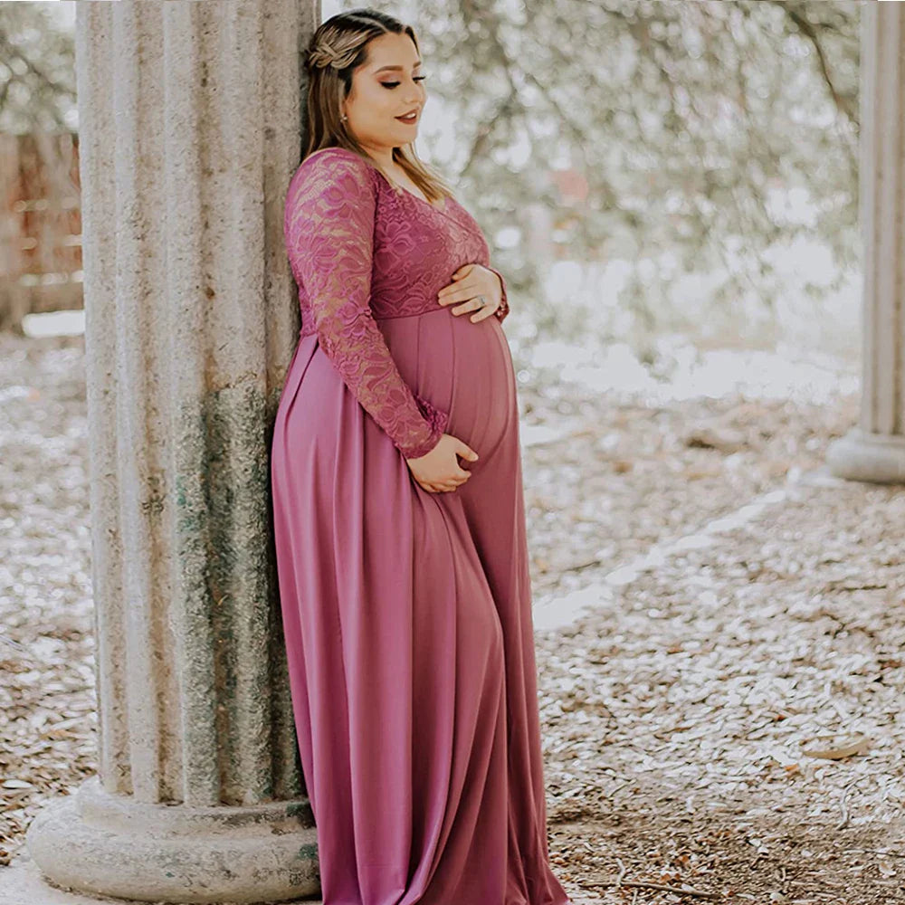 Elegant SHOWLU V-neck lace maternity gown in flowing chiffon, perfect for maternity photography and special occasions.