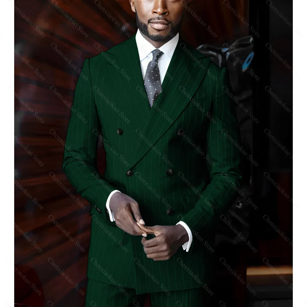Men's blue pinstripe suit by SHOWLU FASHION STORE, double-breasted slim fit 2-piece suit with classic pinstripe pattern.