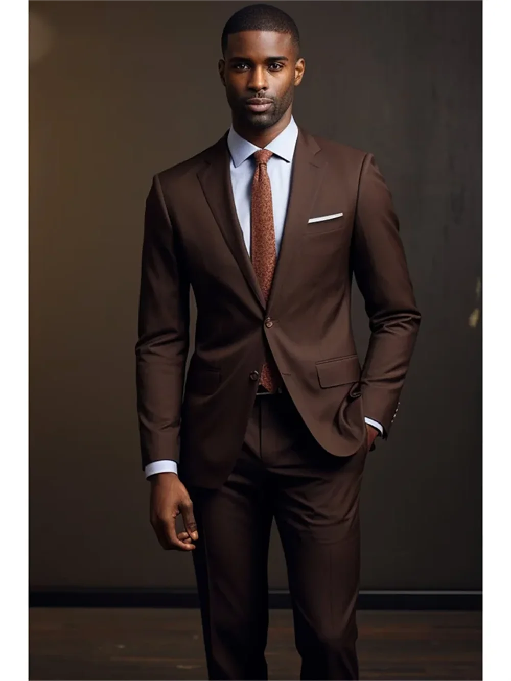 Dark brown men's 2-piece suit set with single-breasted notch lapel, slim fit, suitable for formal, office, or wedding occasions.