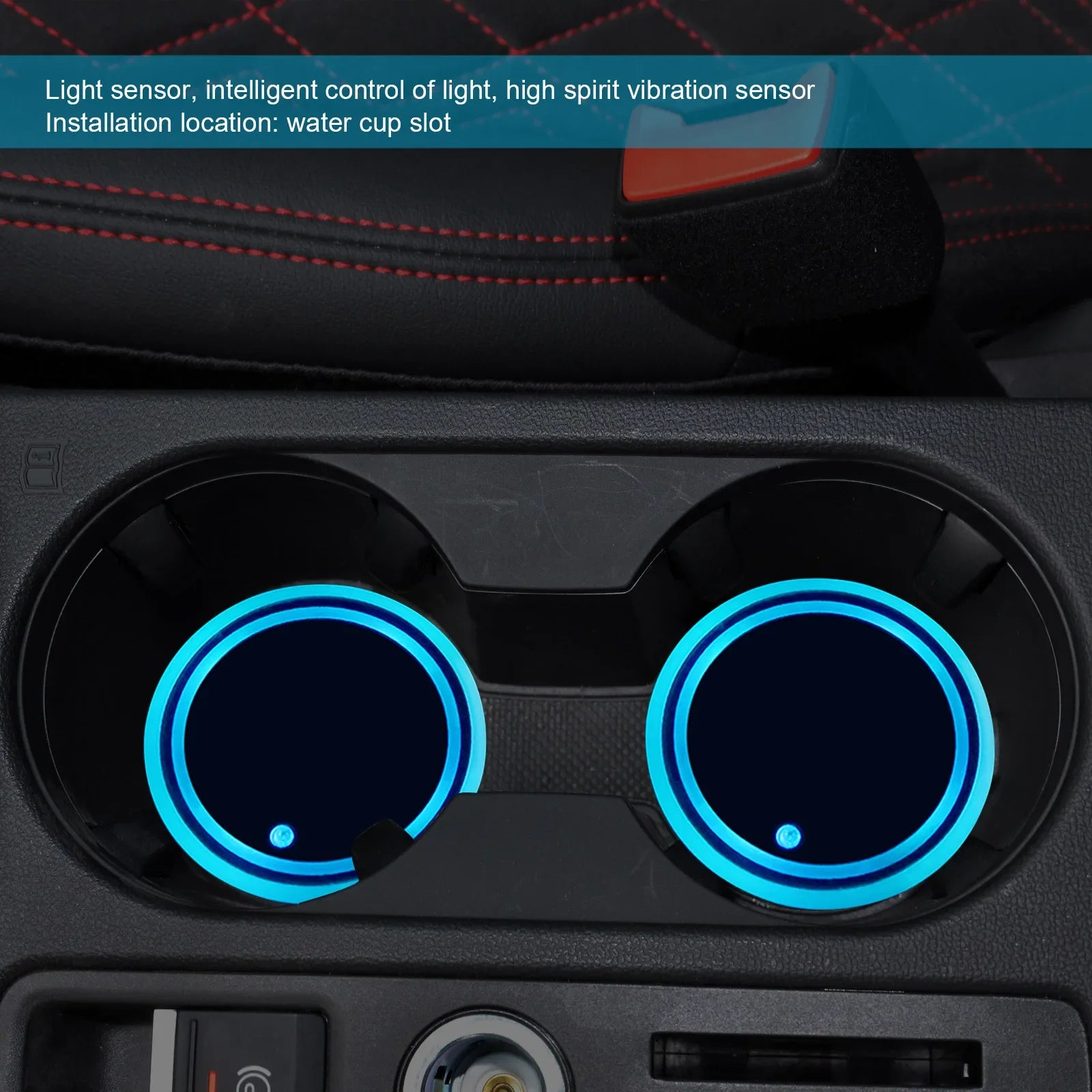 Showlu Smart LED cup holder light pad USB 5V ambient light illuminated inside a car cup holder, providing subtle interior lighting.