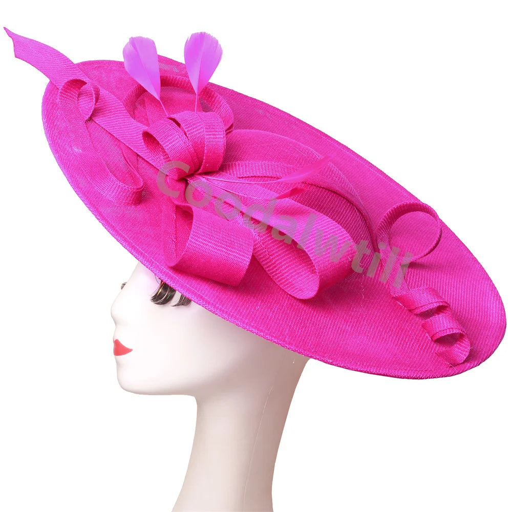 Pink Derby fascinator hat headband with large elegant wedding and race millinery cap, suitable for bridal and formal occasions
