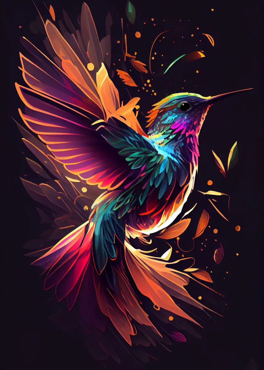 Colorful watercolor hummingbird and flower wall art canvas print, vibrant bird and floral decor for living room or home.