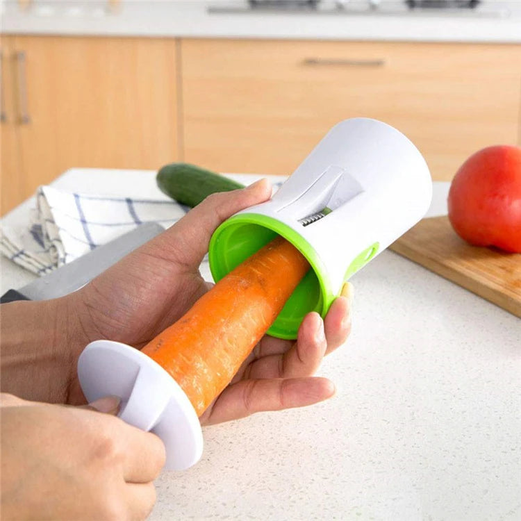 Stainless steel vegetable spiralizer with 3 blades from Showlu Smart General, showing the device and spiralized vegetables.