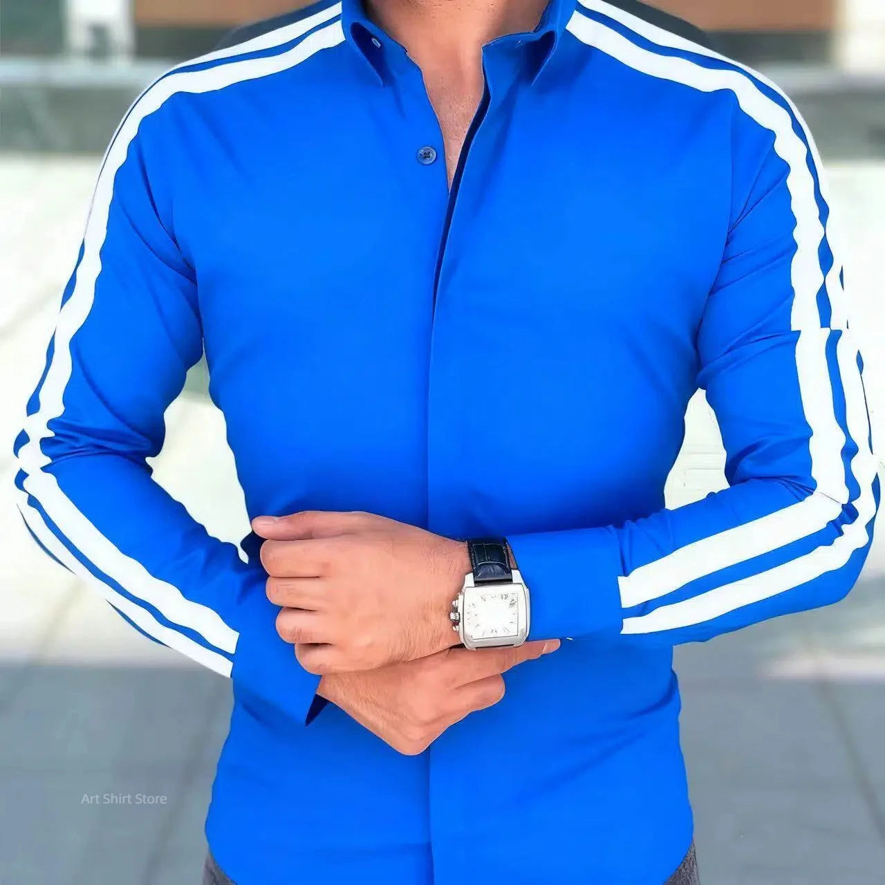 Showlu men's stripe long sleeve shirt made of bamboo fiber, casual business top with blue and white stripes and button-down design