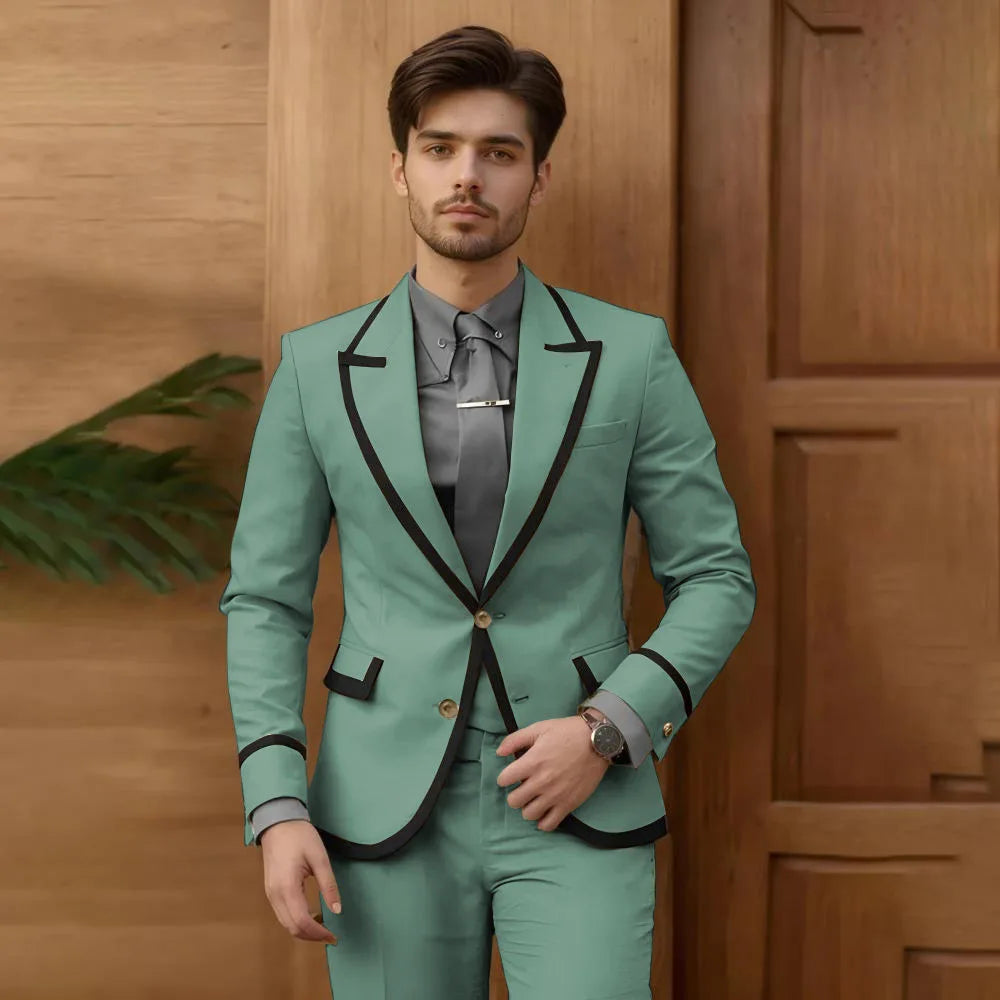 Beige men's slim fit fashion suit with single-breasted jacket and pants, suitable for groomsmen, prom, or wedding tuxedo attire.