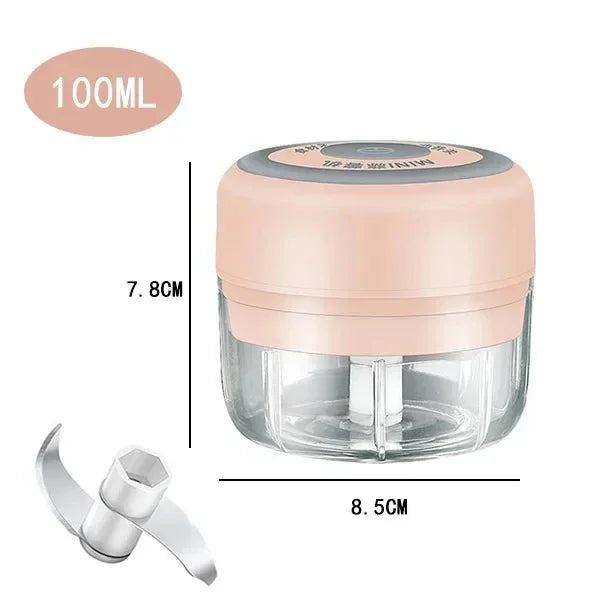 Showlu Smart General mini electric garlic grinder with stainless steel body and transparent lid on a kitchen countertop.