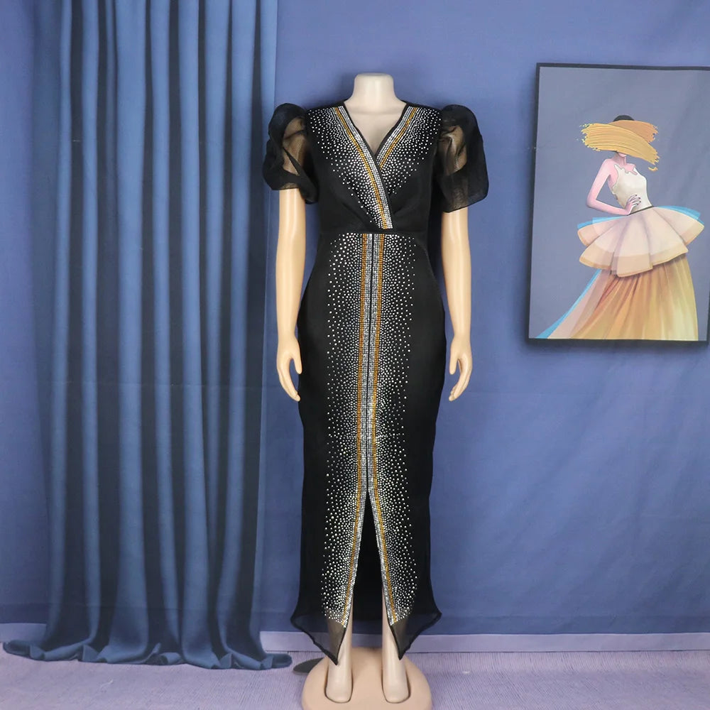 Diamond-encrusted fashion stretch mesh dress with V-neck and bubble sleeves, designed by Showlu Fashion Store.