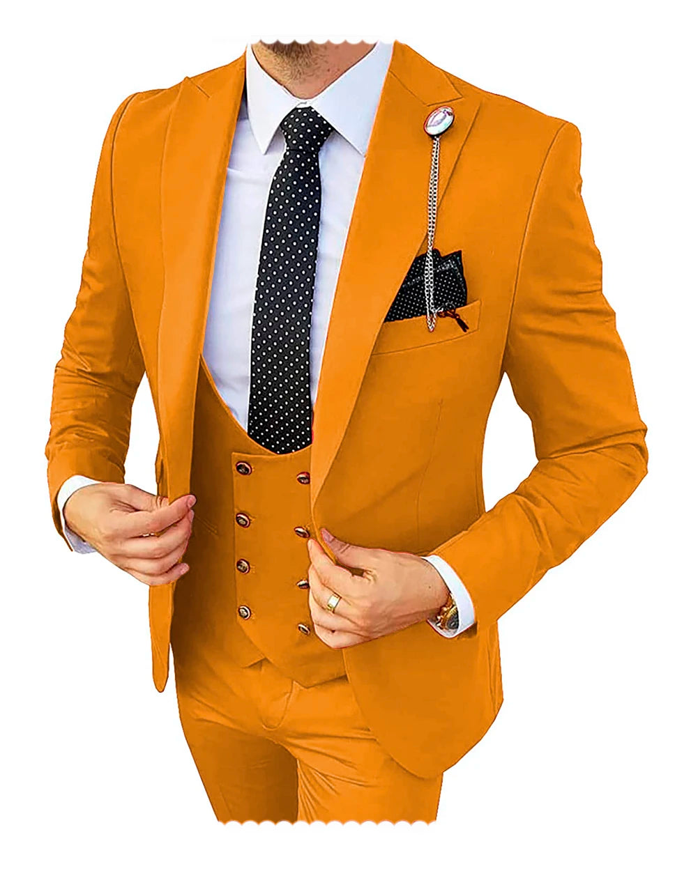 Formal men's 3-piece champagne wedding suit with blazer, pants, and vest, slim fit tuxedo for groom and business occasions.