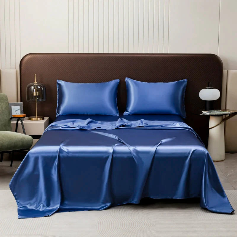 SHOWLU Satin Silk Flat Bed Sheet in smooth, 500TC polyester fabric, showcasing a luxurious, soft bedding surface.
