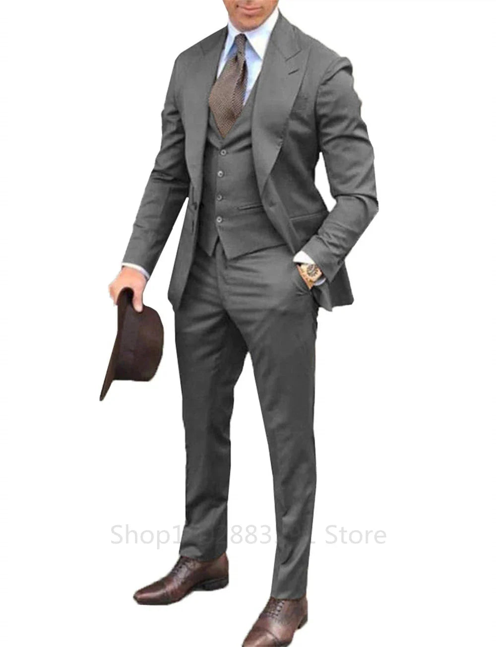 Showlu Fashion men's burgundy 3-piece slim fit suit with peak lapel tuxedo, shown on a mannequin.