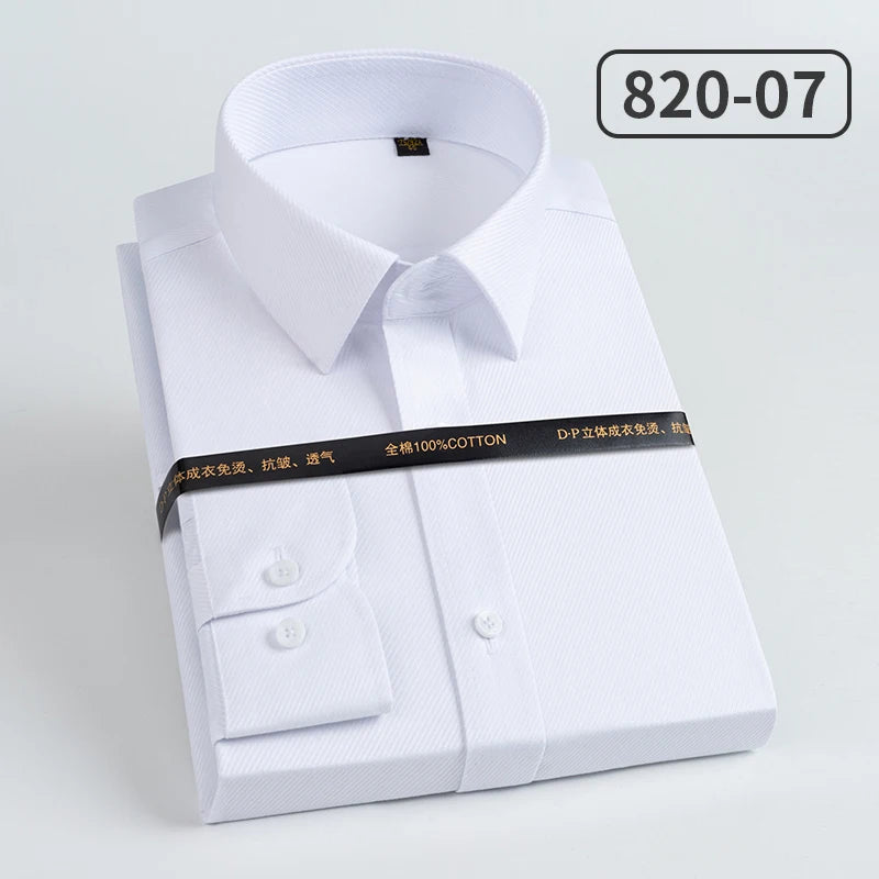 Men's slim fit cotton long sleeve shirt with striped heterochromatic collar, wrinkle-resistant, high-end light luxury design.