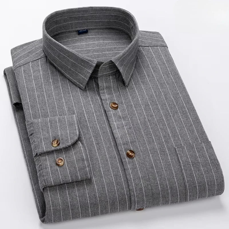 Plus size 7XL men's long sleeve plaid cotton shirt, slim fit formal and casual striped office top, soft and comfortable.