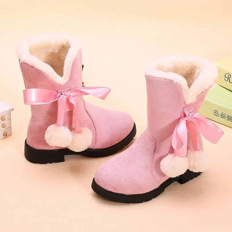 Girls winter snow boots by SHOWLU FASHION STORE, suede mid-calf fur boots with bowtie design, ideal for cold weather.