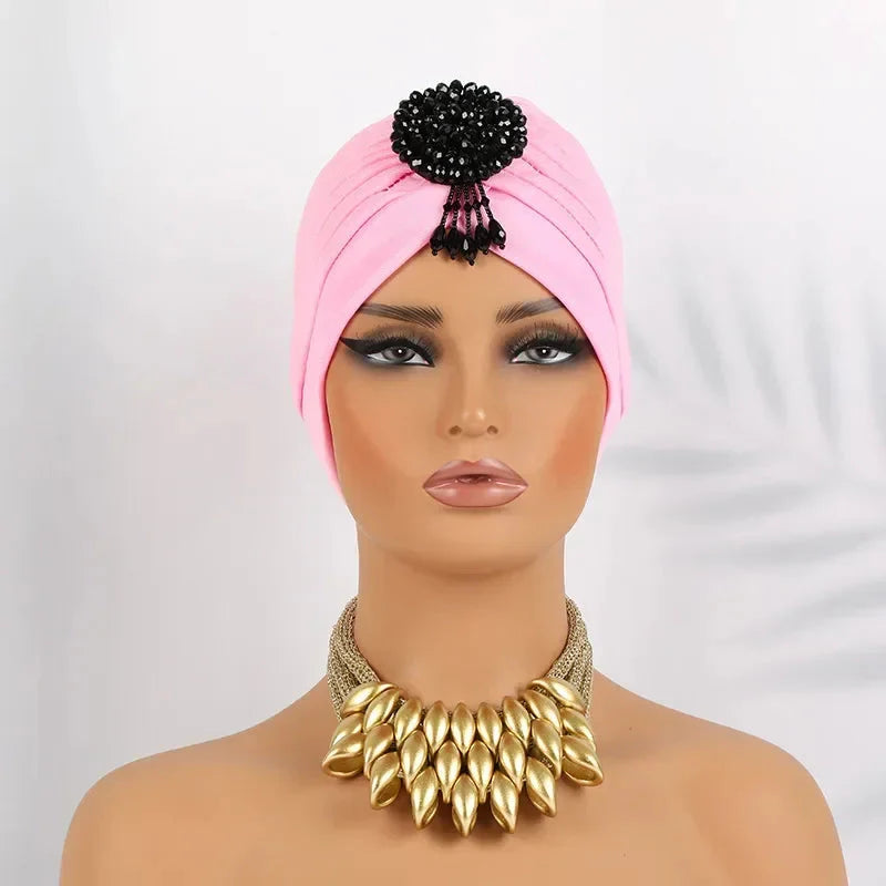 Showlu Fashion women's diamond pleated turban hijab chemo cap wrap, stylish head covering with elegant pleated design.