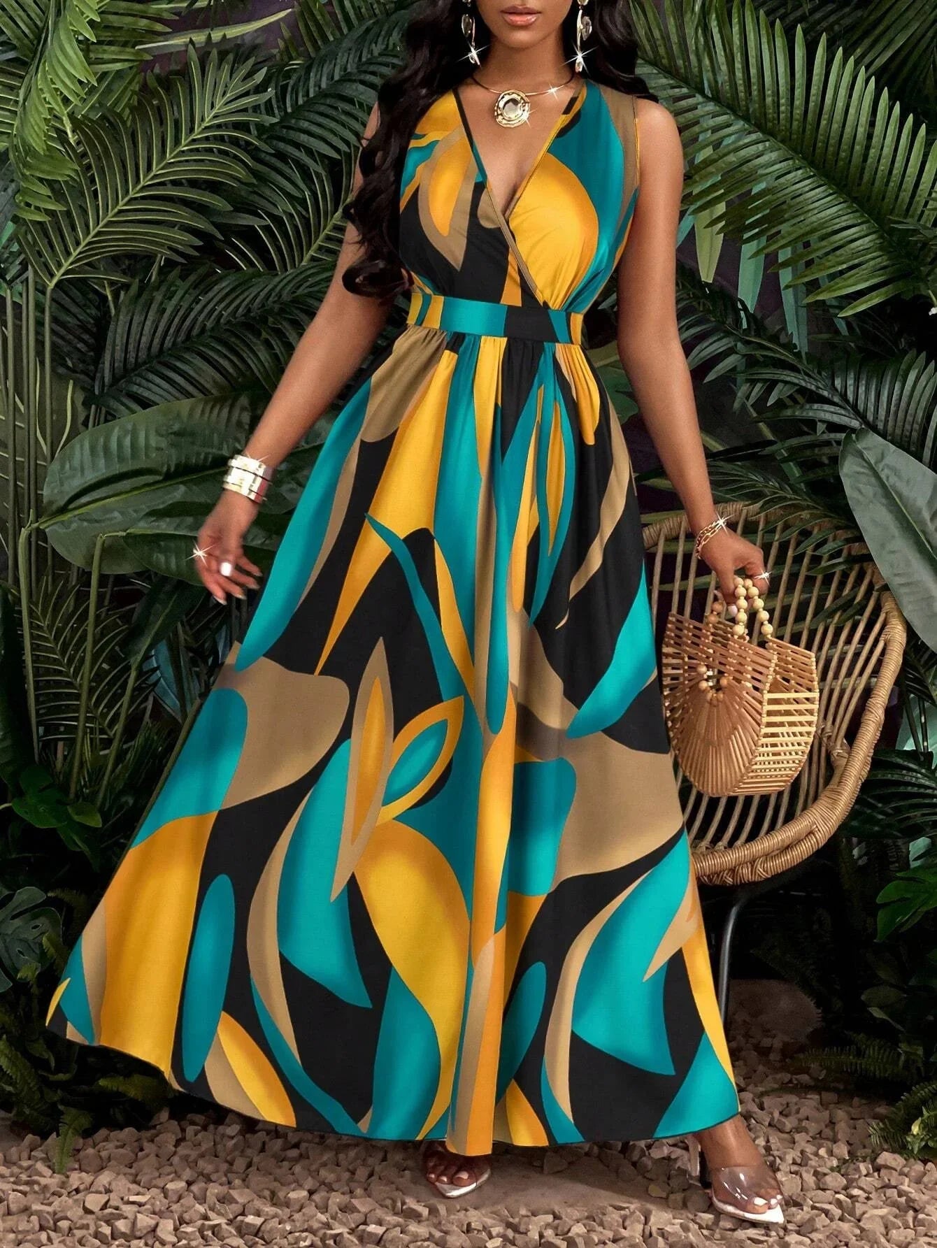 SHOWLU Tropical Print V-Neck Fit and Flare Maxi Dress for Women, featuring vibrant tropical patterns and flowing fabric.