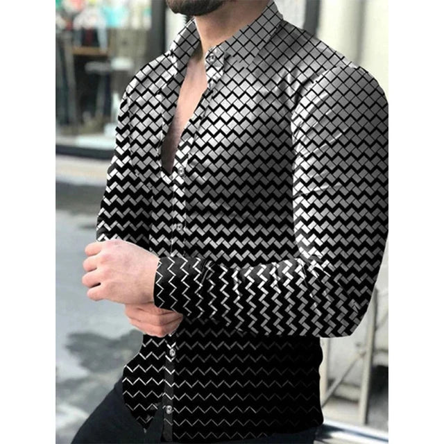Hawaiian piano luxury designer men's long sleeve shirt with floral 3D print, casual single-breasted top by Showlu Fashion.