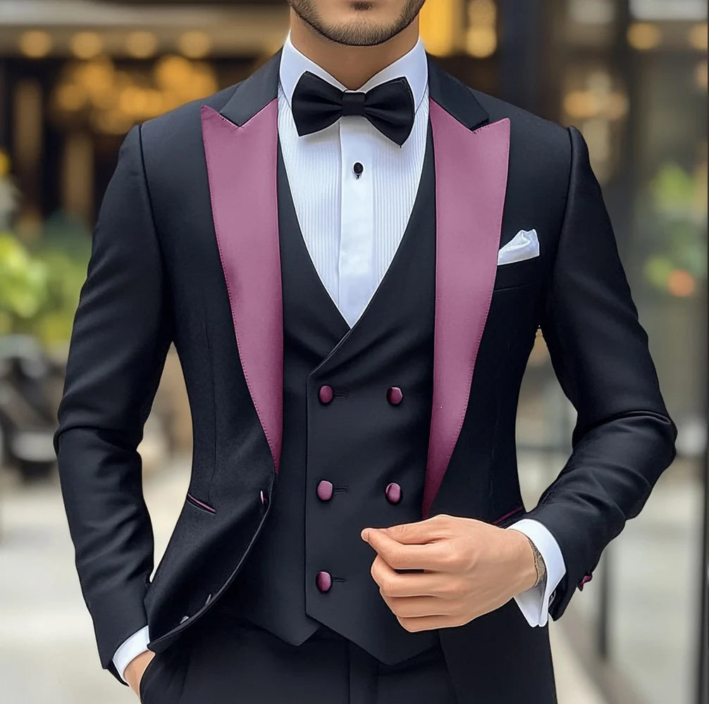 Black men's tuxedo suit by Showlu Fashion, includes jacket, pants, and vest with peak lapel for formal wedding attire.