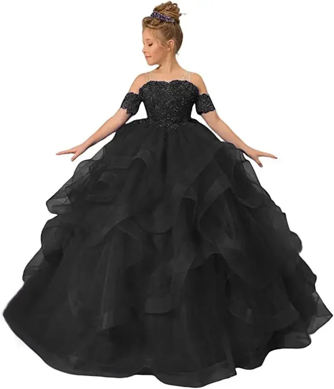 Off-shoulder tulle flower girl dress by Gdybao for kids, featuring a ball gown style with floral appliques and elegant design.