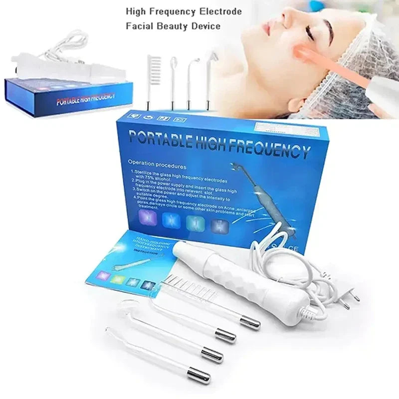 Handheld HWEcare High Frequency Facial Machine for acne treatment, showing the sleek black wand with control buttons.