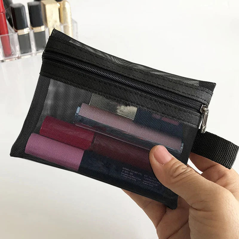Small black transparent mesh makeup bag by Showlu Fashion Store, ideal for cosmetics, pencils, and essential storage.