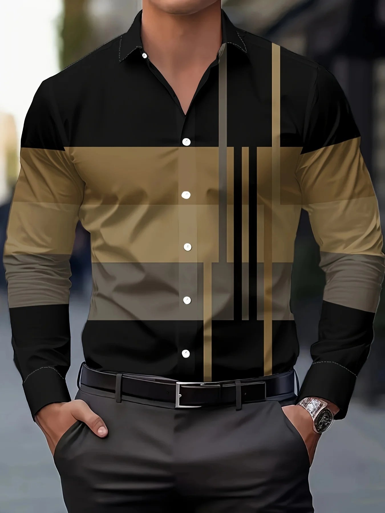 Men's checked long-sleeved button-up shirt with high-end striped design, casual fit, fashionable men's clothing from Showlu Fashion.