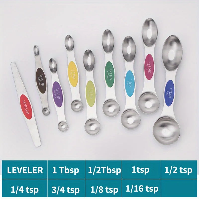 Showlu Smart General magnetic measuring spoons set with stainless steel handles and engraved measurement markings.