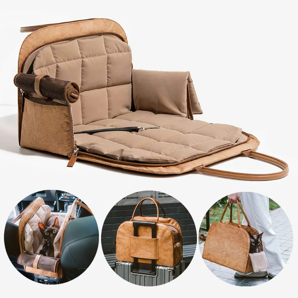 Showlu Fashion Store YKOSM leather pet carrier bag with windproof design, warm travel bag with attached mat for pets.