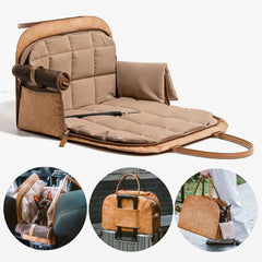 A tan leather pet carrier bag that unfolds into a cushioned car seat for small dogs and cats.