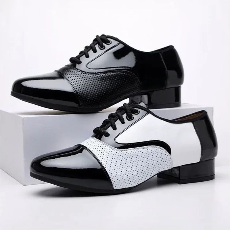 Men's modern dance shoes by Showlu Fashion, breathable leather, suitable for Latin, jazz, and formal dance performances.
